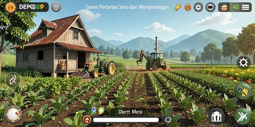 Screenshot menunjukkan petani yang sedang merawat ladang yang hijau.