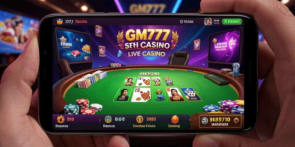 Screenshot GM777 menunjukkan dealer langsung dalam sesi permainan Live Casino yang mendebarkan.