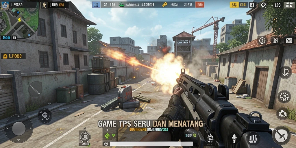 Screenshot gameplay LPO88 menampilkan pertempuran mendebarkan di area perkotaan.