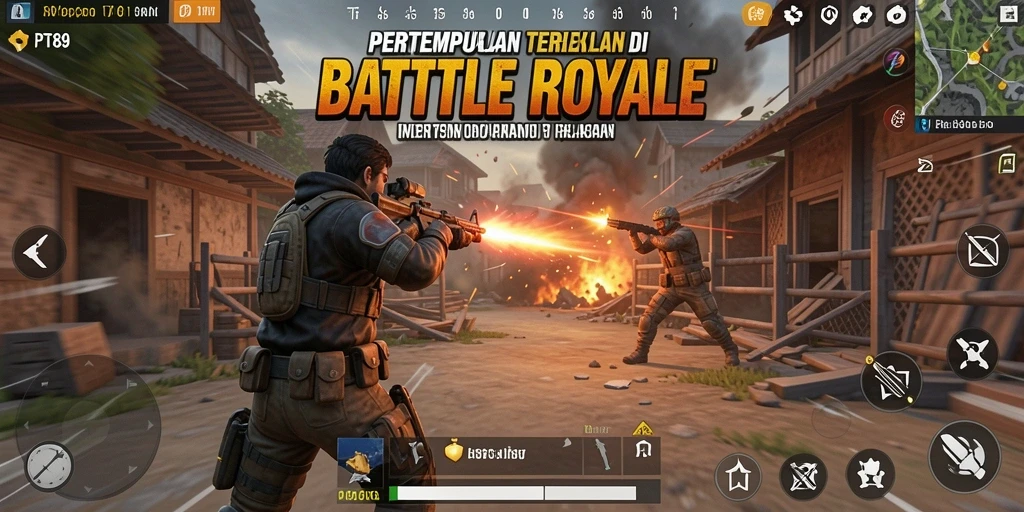 Screenshot gameplay PT89 menampilkan pertarungan seru dalam Battle Royale.