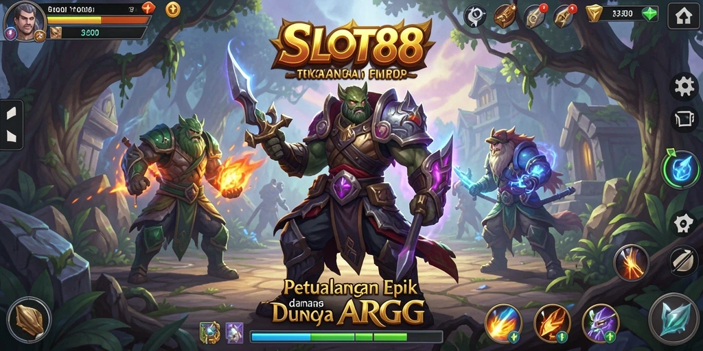Tampilan gameplay SLOT88 menampilkan perang epik dan karakter yang memukau.