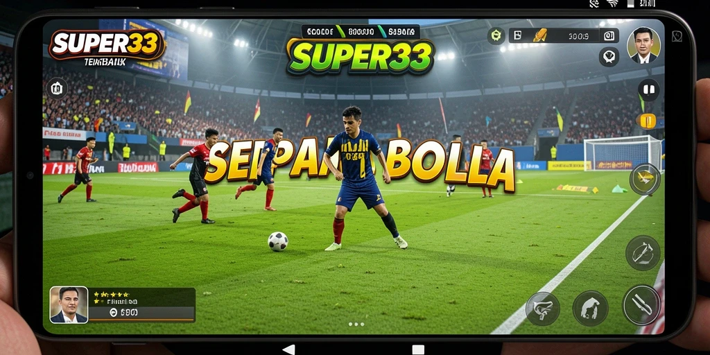 Screenshot gameplay SUPER33 menampilkan momen aksi seru di lapangan sepak bola.