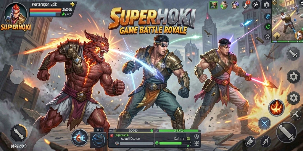 Screenshot SUPERHOKI menampilkan aksi intens dalam pertempuran Battle Royale.