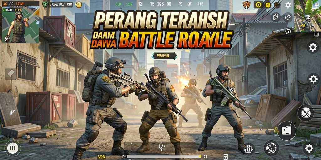 Tampilan gameplay V98 dalam pertempuran Battle Royale yang intens.
